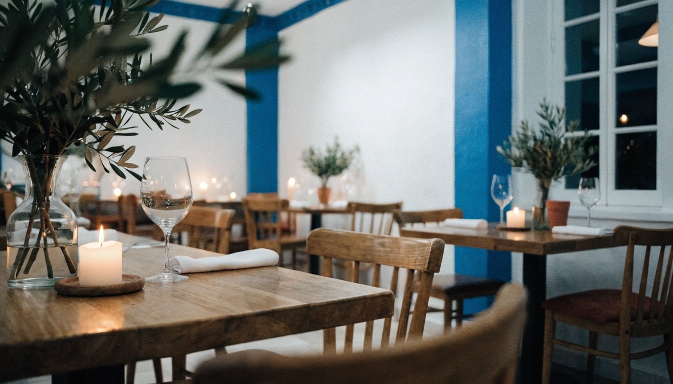 Gemütliches Ambiente im Restaurant Herkules II – warme Taverne mit Kerzenlicht und blauen Akzenten