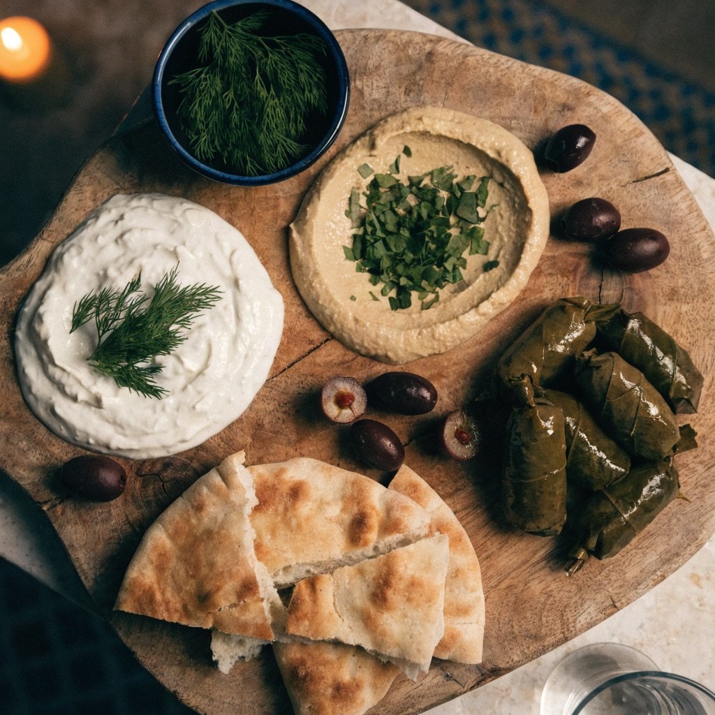 Griechische Mezedes-Platte mit Zaziki, Oliven und Pita